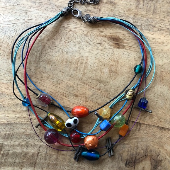Multicolored beads and multicolored cords on this fun necklace, 17” long - Picture 7 of 9